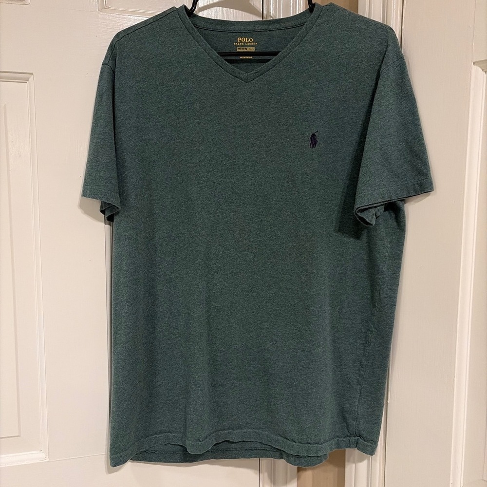 Polo Ralph Lauren T-Shirt Men Large Green V-Neck In Good Condition Cotton Pony